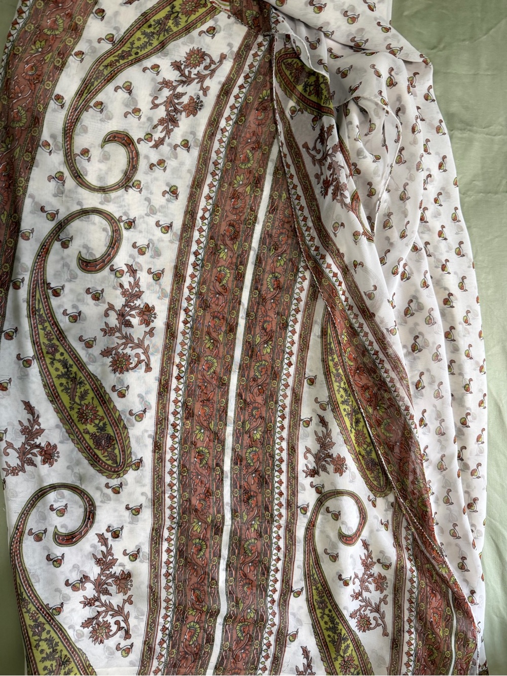 Women’s White Paisley Print Saree with Olive & Rust Accents
